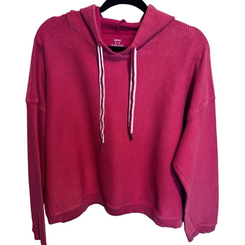 Aerie- Women's Cozy Cropped Hooded Sweatshirt Coral Cotton Ribbed Knit,  XL